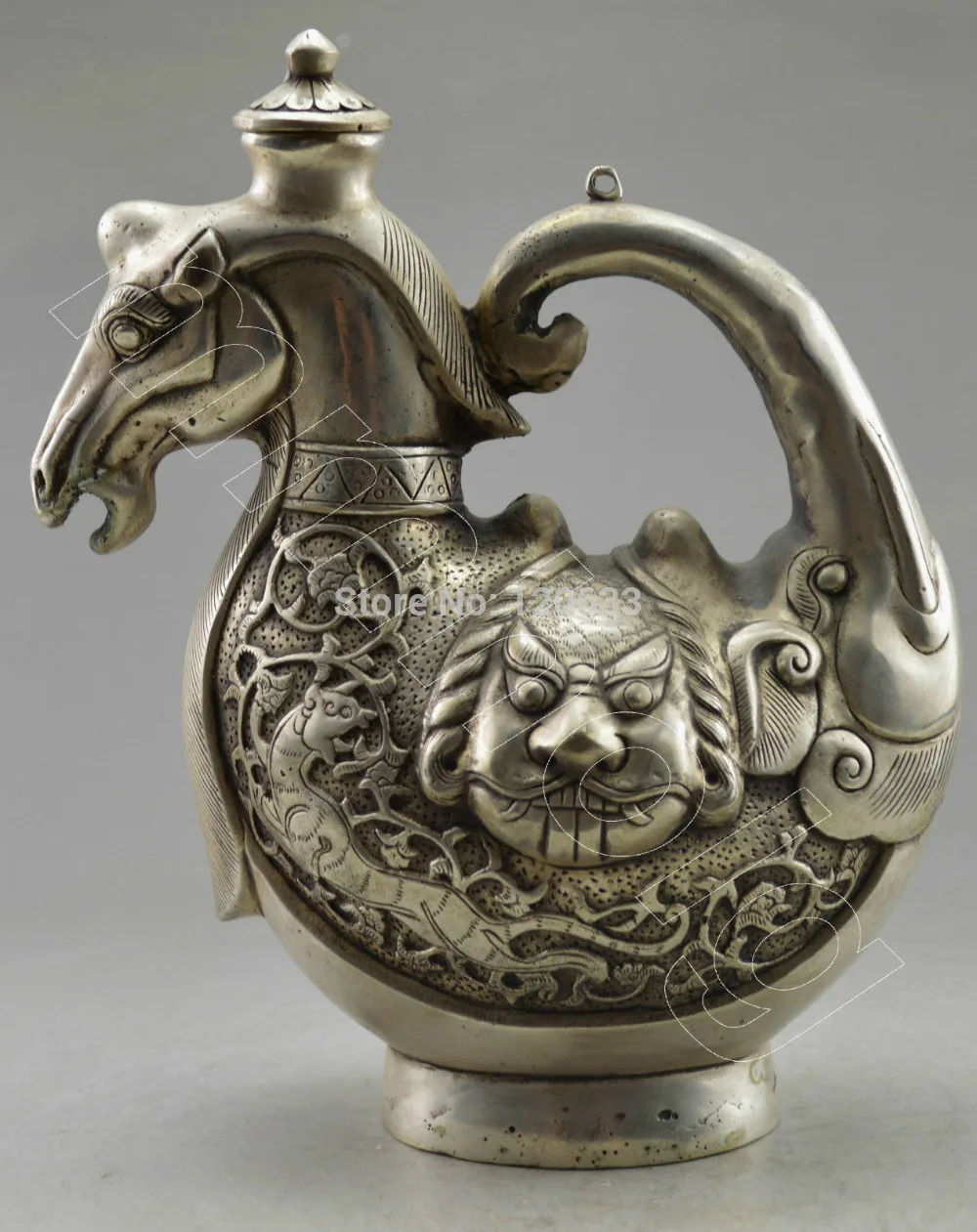 

Miao Silver Hand Collectible Decorated Carved Horse Tea Pot Home Decoration BRONZE art Decoration 100% real Tibetan Silver Brass