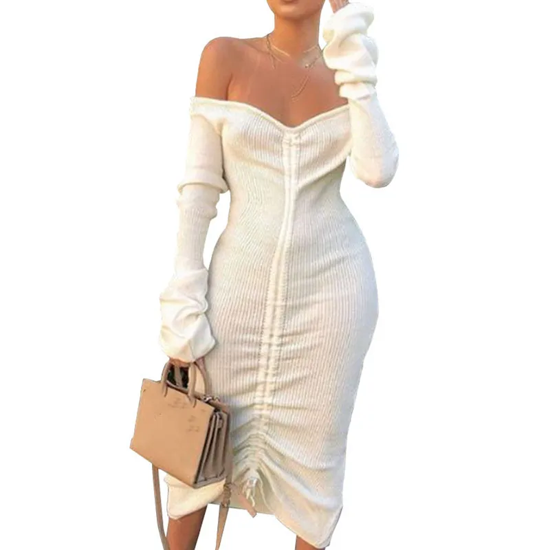 Autumn Women Long Sleeve Ribbed Midi Dress Deep V-Neck Off Shoulder Bodycon Dress Streetwear White Knitted Party Dress
Autumn Women Long Sleeve Ribbed Midi Dress Deep V-Neck Off Shoulder Bodycon Dress Streetwear White Knitted Party Dress