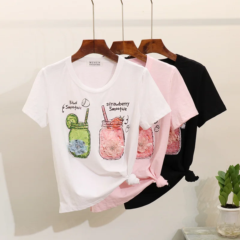 Summer 2019 New Girl Students Beverage Bottle Printed Beaded Short-sleeved Cotton T-shirt Ladies Loose Fashion Top Tee Shirts
Summer 2019 New Girl Students Beverage Bottle Printed Beaded Short-sleeved Cotton T-shirt Ladies Loose Fashion Top Tee Shirts