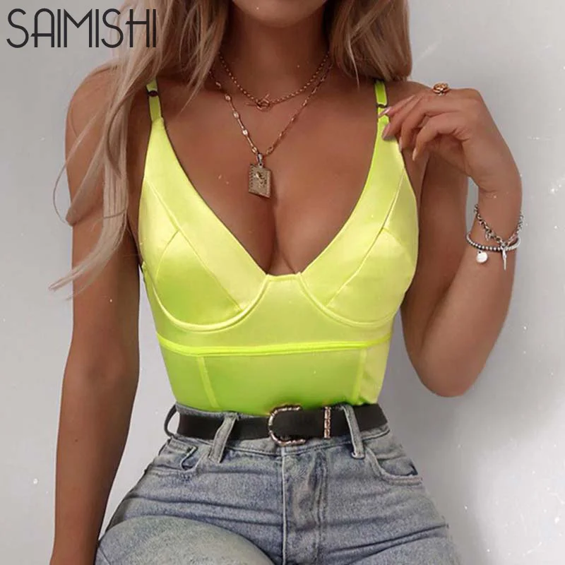 

Saimishi Neon Lime Green Sexy Bodycon Sleeveless Backless Cami Bodysuit Patchwork Solid Color Summer Slim Fitted Women Bodysuits