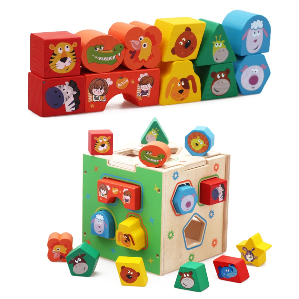 Kids Cute Animal Shape Sorting Cube Wooden Educational Montessori Toys Gift