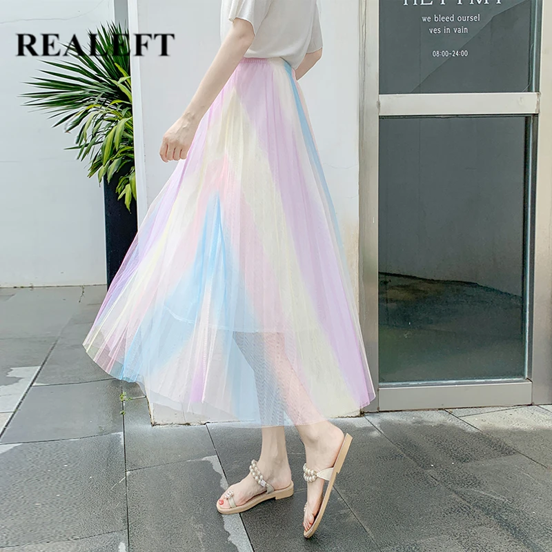 REALEFT New Arrival Women Rainbow Mesh Printed Long Skirts High Waist Elastic Mid-calf Pleated Elegant Skirt for Ladies
REALEFT New Arrival Women Rainbow Mesh Printed Long Skirts High Waist Elastic Mid-calf Pleated Elegant Skirt for Ladies