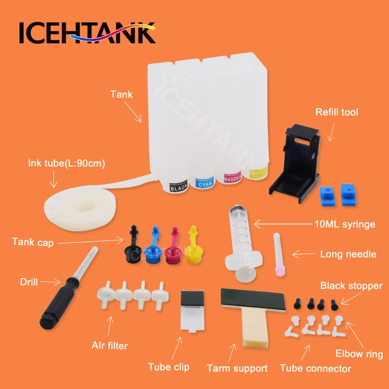 

ICEHTANK Universal DIY CISS Kit 4 Color CISS Ink Tank Accessories for HP 21 22 60 61 56 57 74 75 901 121 300 122 301 XL Printer