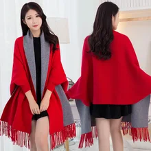 

Women Winter Poncho with Sleeve Shawls and Wraps Pashmina Red Thicken Scarf Stoles Femme Hiver Warm Reversible Ponchos and Capes