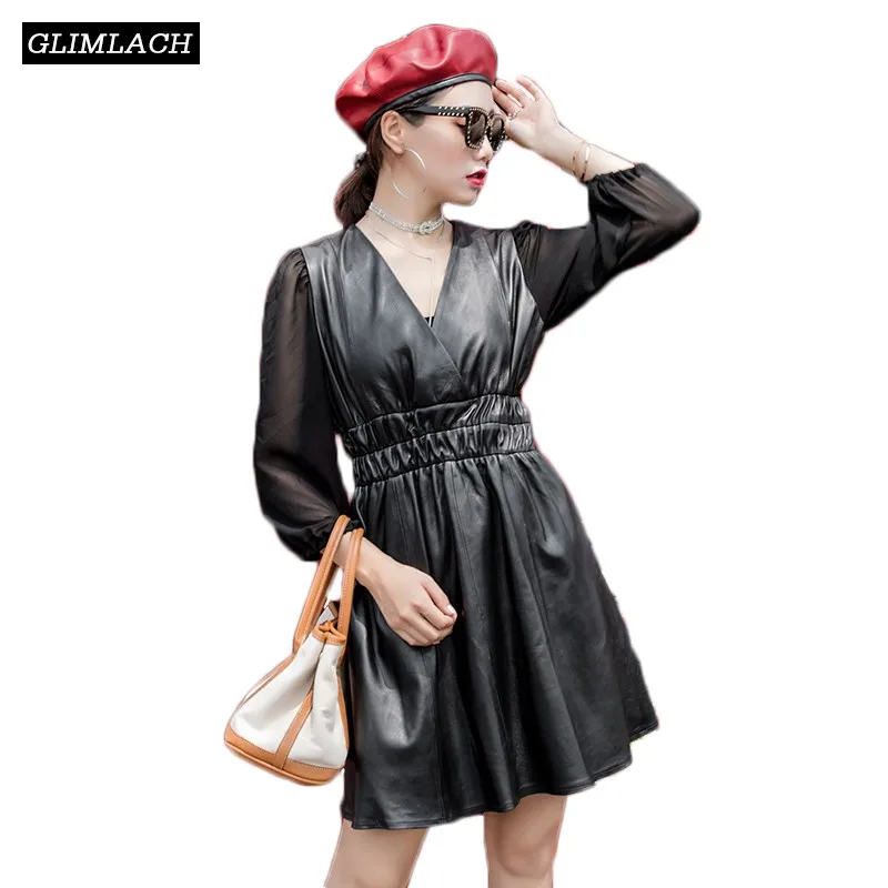 New Designer Luxury Sheepskin Patchwork Genuine Leather Dress Women V-Neck Elastic Waist Elegant Ladies Slim A-Line Party Dress
New Designer Luxury Sheepskin Patchwork Genuine Leather Dress Women V-Neck Elastic Waist Elegant Ladies Slim A-Line Party Dress