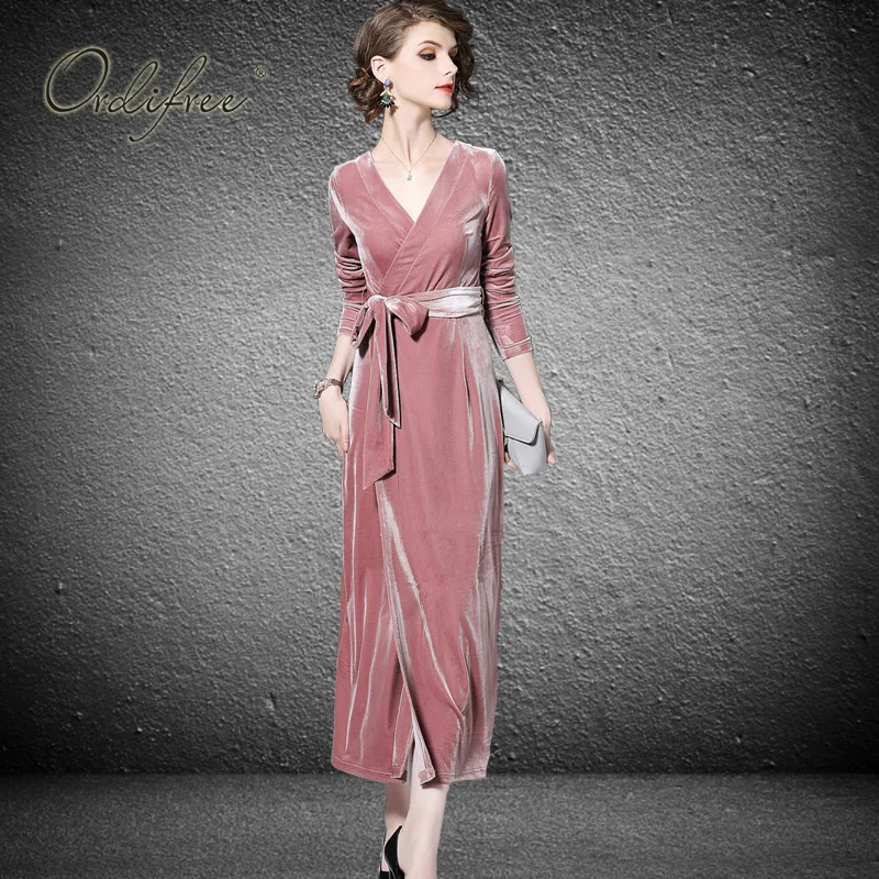 Ordifree 2018 Vintage Women Autumn Dress Long Sleeve Elegant Party Dress with Belt Runway Retro Pink Sexy Maxi Long Velvet Dress
Ordifree 2018 Vintage Women Autumn Dress Long Sleeve Elegant Party Dress with Belt Runway Retro Pink Sexy Maxi Long Velvet Dress