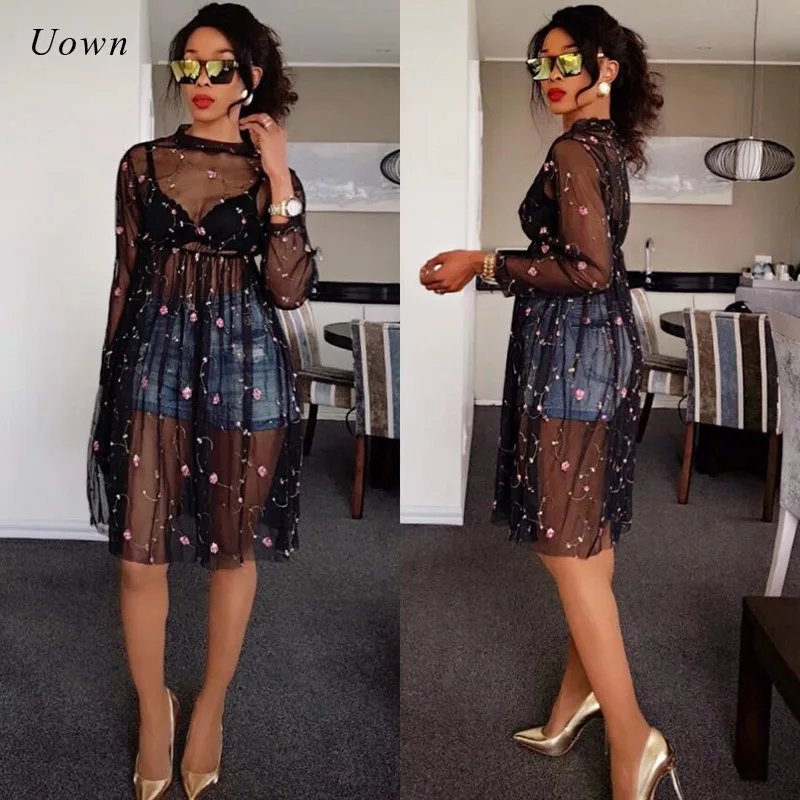 Black Sheer Mesh Dress Women Autumn 2019 Floral Embroidery Long Sleeve Knee Length A Line Dress Sexy See Through Dress Clubwear
Black Sheer Mesh Dress Women Autumn 2019 Floral Embroidery Long Sleeve Knee Length A Line Dress Sexy See Through Dress Clubwear