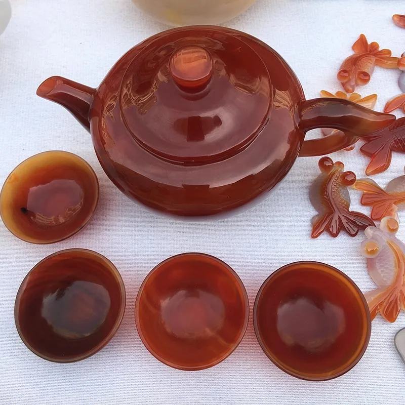 MJP Top quality natural red agate teapot polished agate tea set for decoration gift