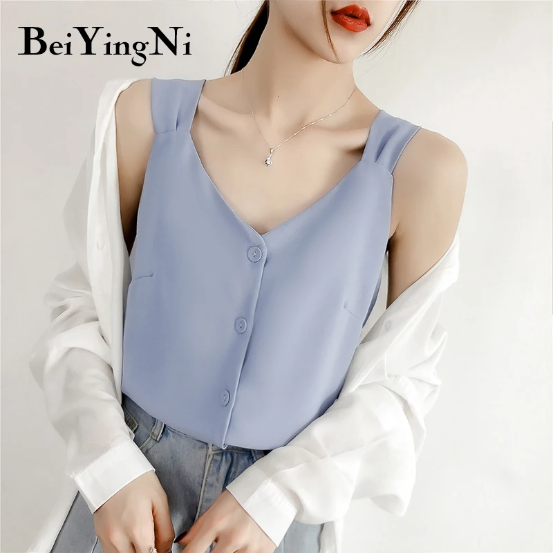 Beiyingni Chiffon Fresh Single-breasted Female Tops Sexy Korean All-match Top Tank 2019 Vintage Sleeveless Camis Blouse Tee Lady
Beiyingni Chiffon Fresh Single-breasted Female Tops Sexy Korean All-match Top Tank 2019 Vintage Sleeveless Camis Blouse Tee Lady