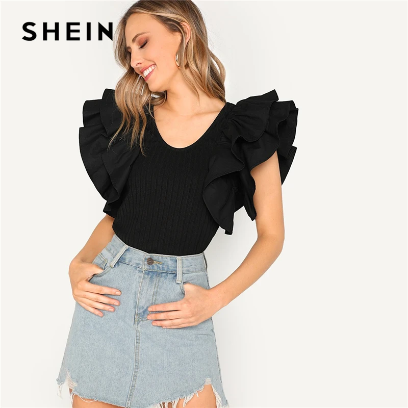 SHEIN Black Layered Layered Ruffle Sleeve Rib-knit Fitted Tee T-Shirt Women Summer High Street Casual Solid Tshirt Tops
SHEIN Black Layered Layered Ruffle Sleeve Rib-knit Fitted Tee T-Shirt Women Summer High Street Casual Solid Tshirt Tops
