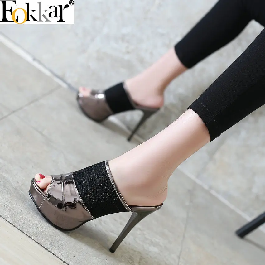 

Eokkar 2019 Thin Heels Platform Sandals Women Super High Heel 11cm Peep Toe Sandals Silver Stiletto Flip Flops Shoes Size 34-43