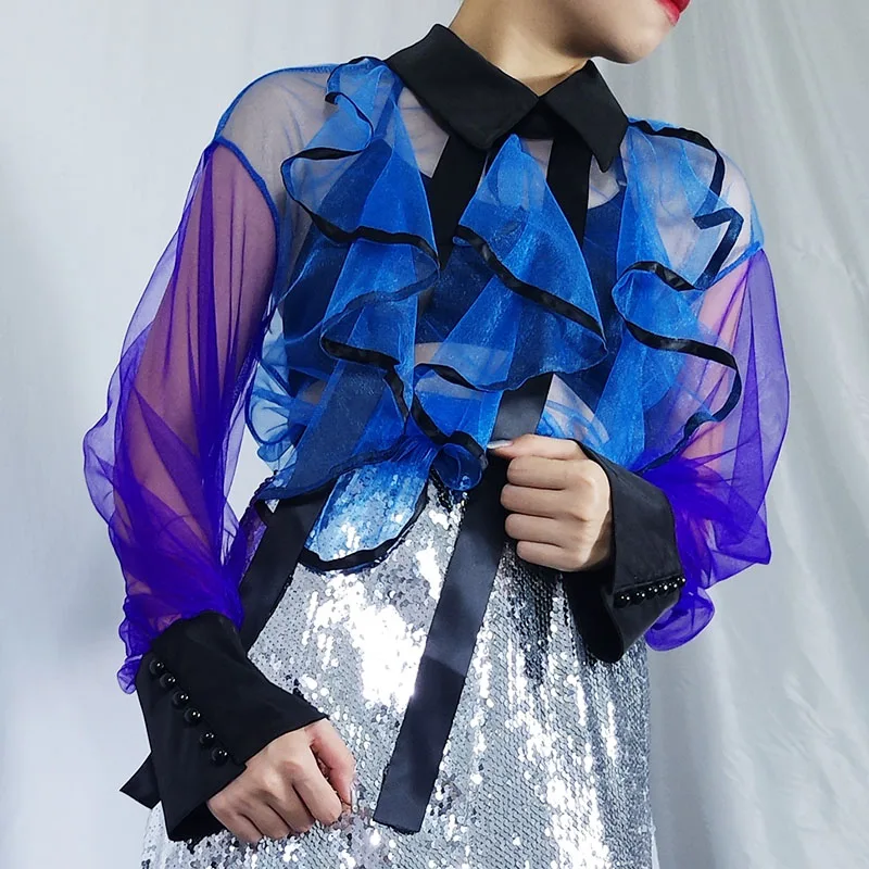 Luxury Chiffon Shirt Gradient Blue Purple Ruffles Bowknot Blouses Transparent Flounced Flare Sleeved Bottoming Shirts Tops 2019
Luxury Chiffon Shirt Gradient Blue Purple Ruffles Bowknot Blouses Transparent Flounced Flare Sleeved Bottoming Shirts Tops 2019