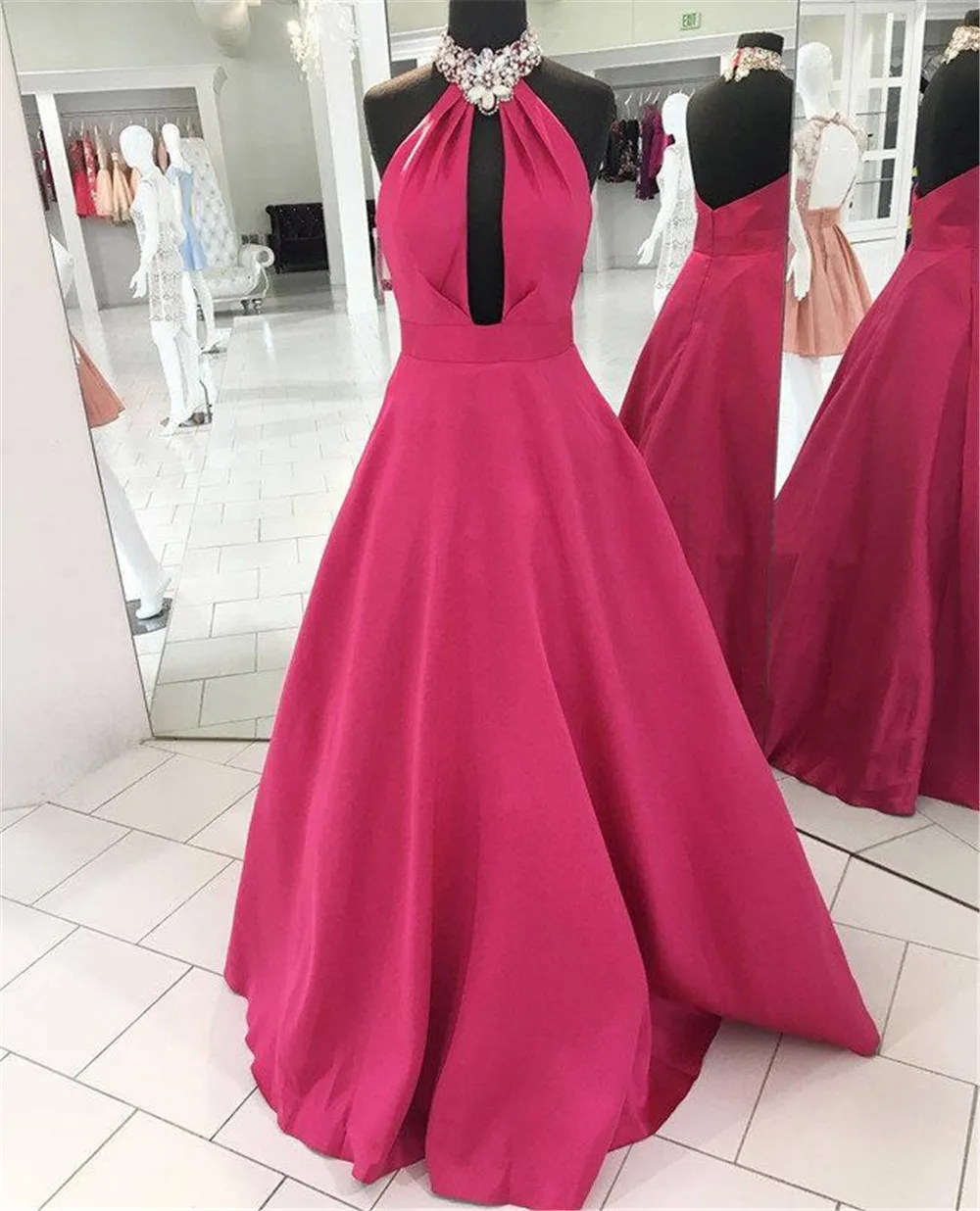 Fuchsia Satin Backless Evening Dress Halter A Line Floor Length Long Formal Dresses 2019 New Women Wedding Party Gown Cheap
Fuchsia Satin Backless Evening Dress Halter A Line Floor Length Long Formal Dresses 2019 New Women Wedding Party Gown Cheap