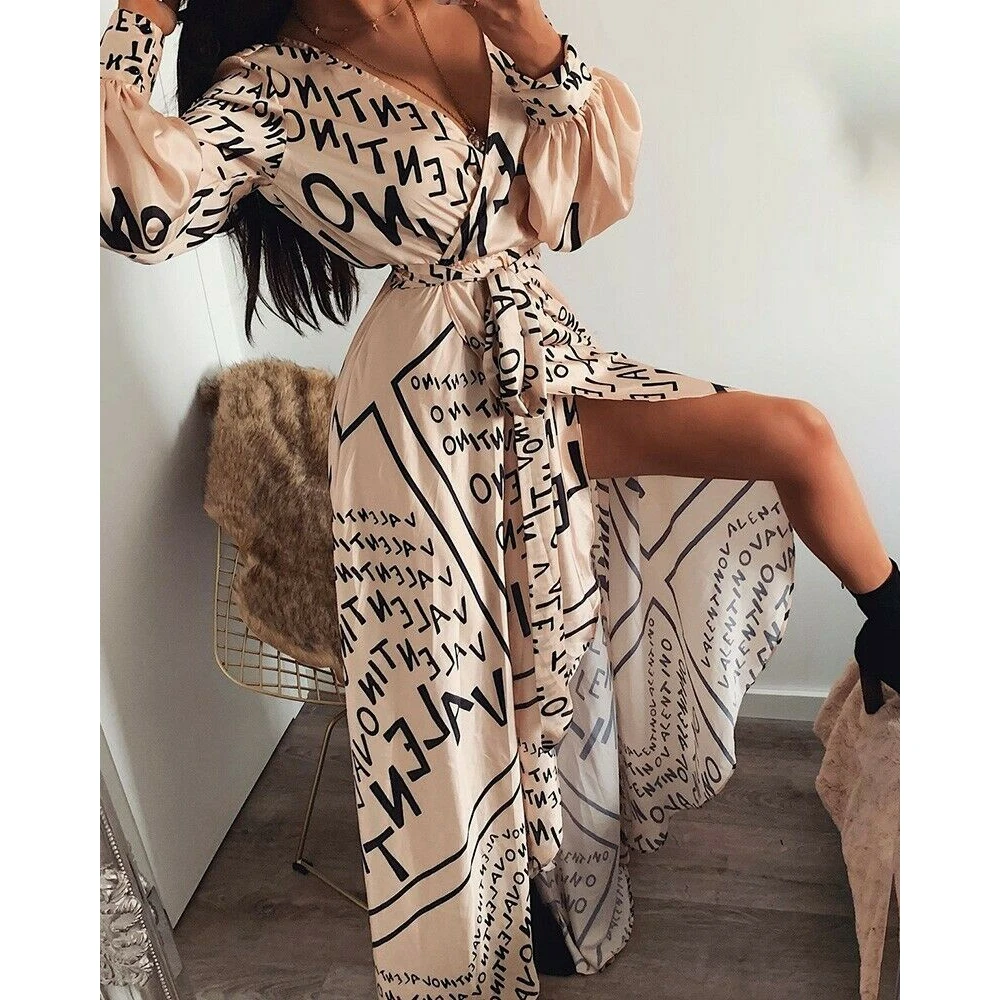 Vintage Women Maxi Boho V-Neck Letter Print Thigh Slit Summer Beach Lantern Long Sleeve Dress with Belt Evening Party Sundress
Vintage Women Maxi Boho V-Neck Letter Print Thigh Slit Summer Beach Lantern Long Sleeve Dress with Belt Evening Party Sundress