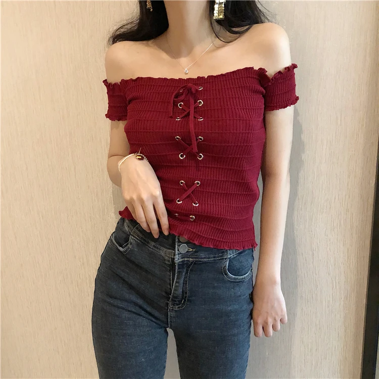 Chic Summer Slash Neck Thin Knitted Women T-Shirts Sweet Drawstring Plain Short Sleeve Off Shoulder Top
Chic Summer Slash Neck Thin Knitted Women T-Shirts Sweet Drawstring Plain Short Sleeve Off Shoulder Top