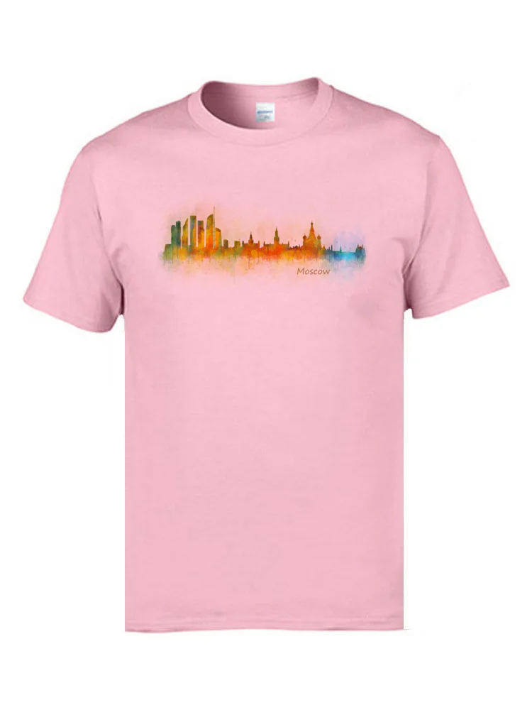 Comics Top T-shirts Short Sleeve Family Discount Men Labor Day Tops Shirt Family Tops T Shirt Round Collar Cotton Fabric Moscow Skyline in watercolor digital art. V1 pink
