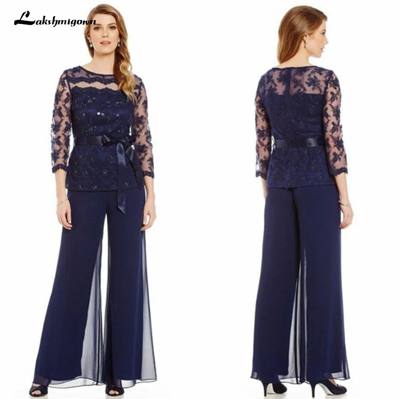2019 Elegant Navy Blue Mother Of The Bride Dresses Chiffon Pants Suits Lace Top Sheer Jewel Neck Ribbon Belt 3/4 Long Sleeves
2019 Elegant Navy Blue Mother Of The Bride Dresses Chiffon Pants Suits Lace Top Sheer Jewel Neck Ribbon Belt 3/4 Long Sleeves