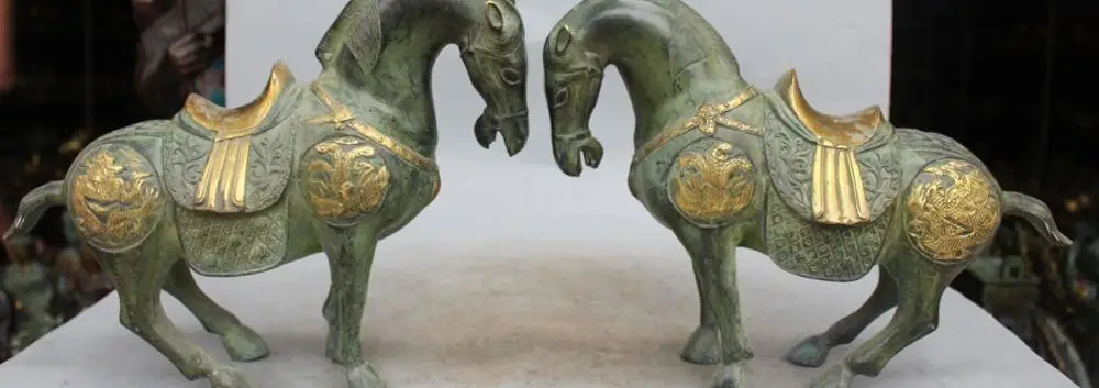 14"Chinese Bronze Gilt Animal Success Tang Horse With Dragon Phoenix Pair Statue 
14"Chinese Bronze Gilt Animal Success Tang Horse With Dragon Phoenix Pair Statue