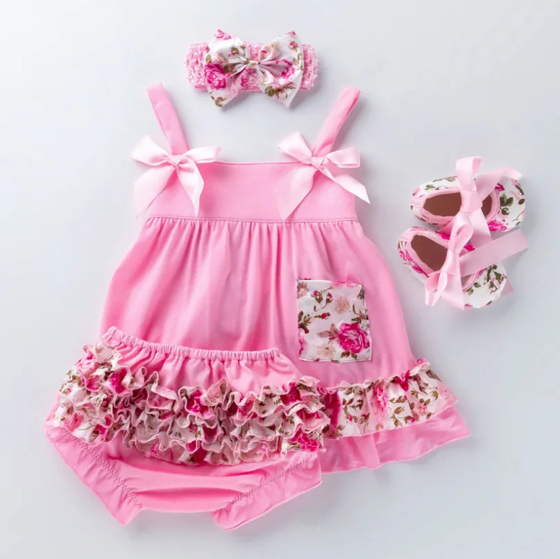 

High Quality Toddler Posh Petti Lace Ruffle Bloomers Panties+Bow Sling tutu Dress+Headband+Shoes Baby Girl Cotton Clothing sets