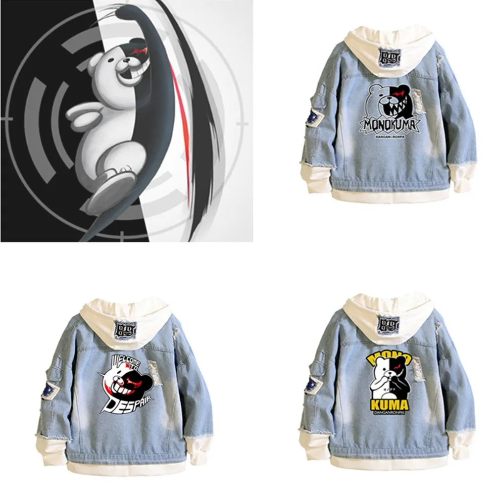Danganronpa V3 costumes monokuma Hoodies Jackets Men women cartoon casual Jean jacket Ripped denim top in fashionable print |