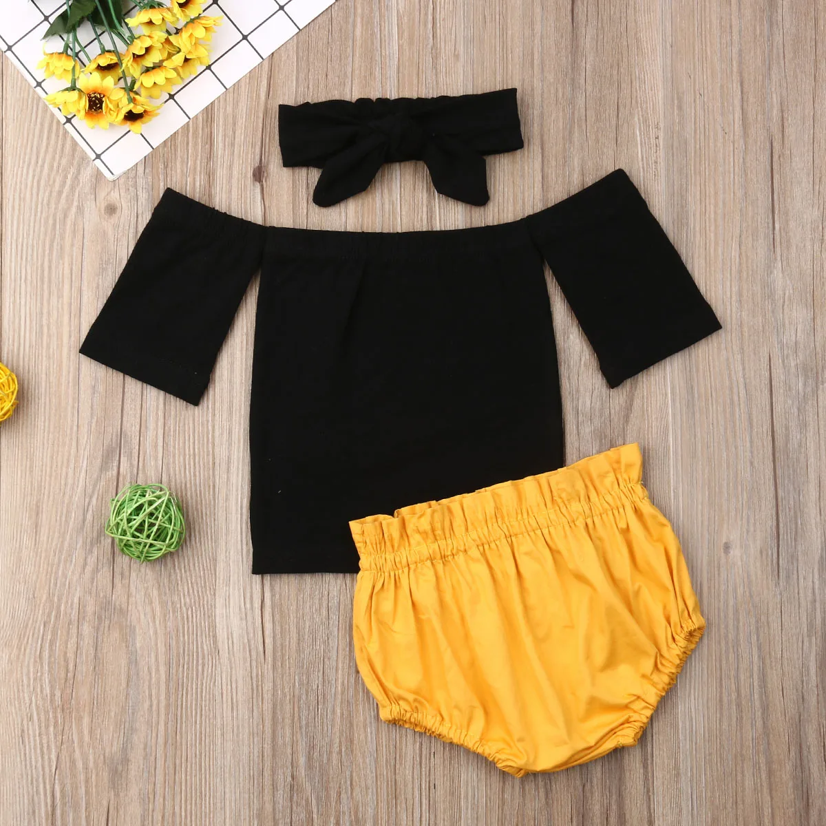 Toddler Kids Baby Girl Summer Clothes Headband Off Shoulder Black Half Sleeve Tops Yellow Ruffle Shorts 3Pcs Cotton Outfit 0-18M
Toddler Kids Baby Girl Summer Clothes Headband Off Shoulder Black Half Sleeve Tops Yellow Ruffle Shorts 3Pcs Cotton Outfit 0-18M