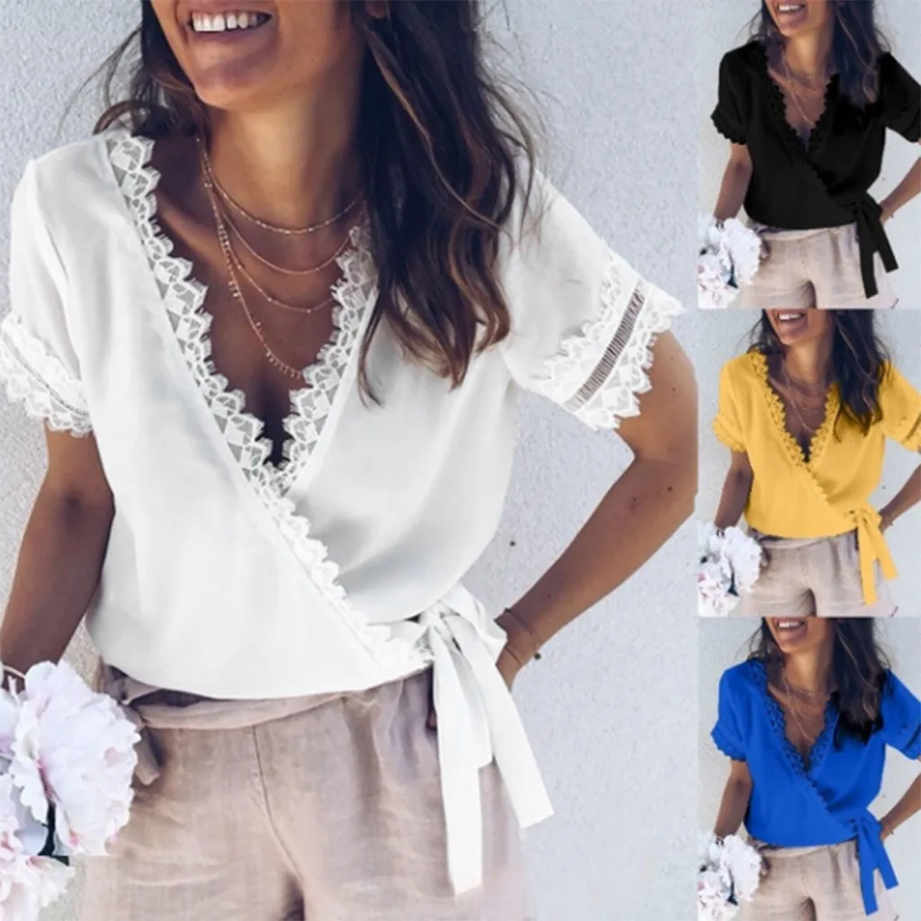 2019 MAXIORILL NEW Women's Solid Color Short Sleeve with Lace Casual Tops Верхняяфутболк Wholesale T3 
2019 MAXIORILL NEW Women's Solid Color Short Sleeve with Lace Casual Tops Верхняяфутболк Wholesale T3