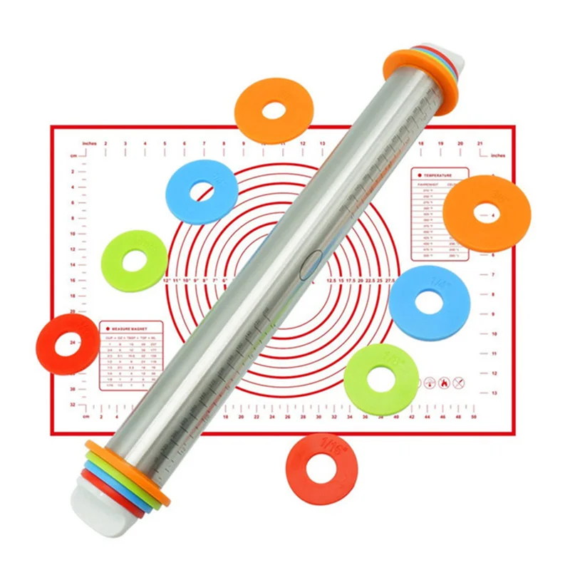 Kitchen 17inch Adjustable Stainless Steel Rolling Pin with Dough Mat Dough Roller with 4 Removable Adjustable Thickness Rings
Kitchen 17inch Adjustable Stainless Steel Rolling Pin with Dough Mat Dough Roller with 4 Removable Adjustable Thickness Rings