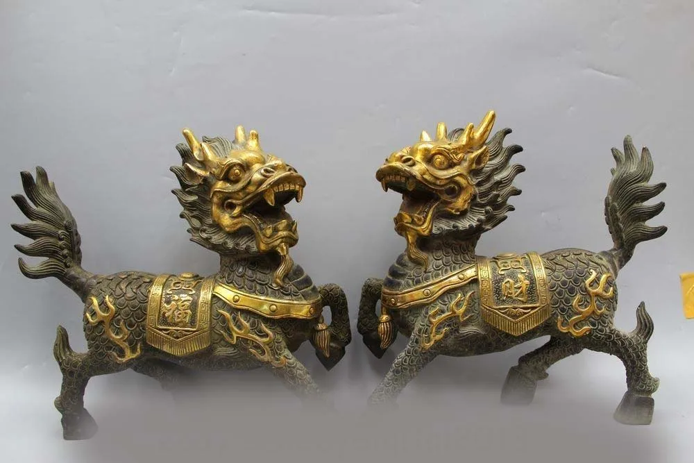 12" Chinese Bronze Gild Folk Feng Shui Kylin Chi-lin Qilin Statue sculpture Pair DSD66
12" Chinese Bronze Gild Folk Feng Shui Kylin Chi-lin Qilin Statue sculpture Pair DSD66