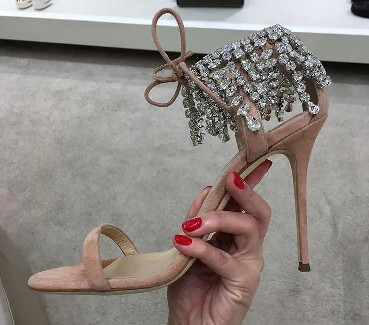 

Women Luxurious Bling Bling Crystal Sandals Thin High Heel Ankle Drape Fringe Rhinestone Dress Shoes Lace-Up Wedding Sandals