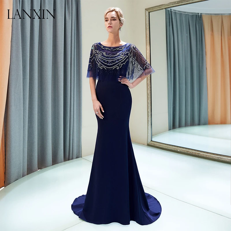 Navy Blue Mermaid Formal Evening Dresses 2019 Crystal Beadings Cape Sweep Train Satin Long Prom Dress Robe de Soiree
Navy Blue Mermaid Formal Evening Dresses 2019 Crystal Beadings Cape Sweep Train Satin Long Prom Dress Robe de Soiree