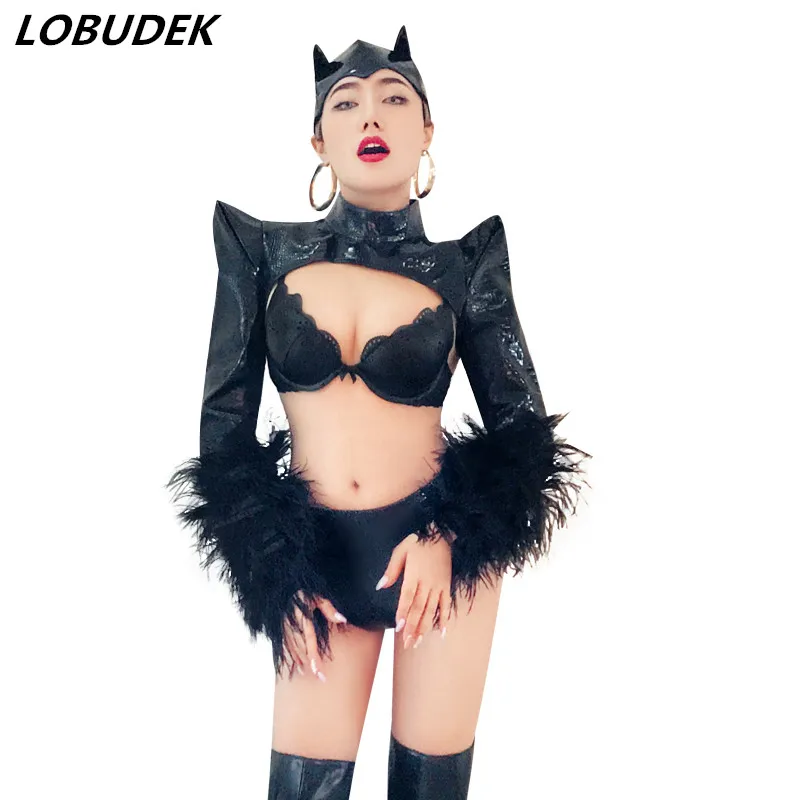 Club Sexy Female Leading dancer DS dance wear Bar DJ singer stage costume Jazz performance outfit PU leather Black feathers sets
Club Sexy Female Leading dancer DS dance wear Bar DJ singer stage costume Jazz performance outfit PU leather Black feathers sets