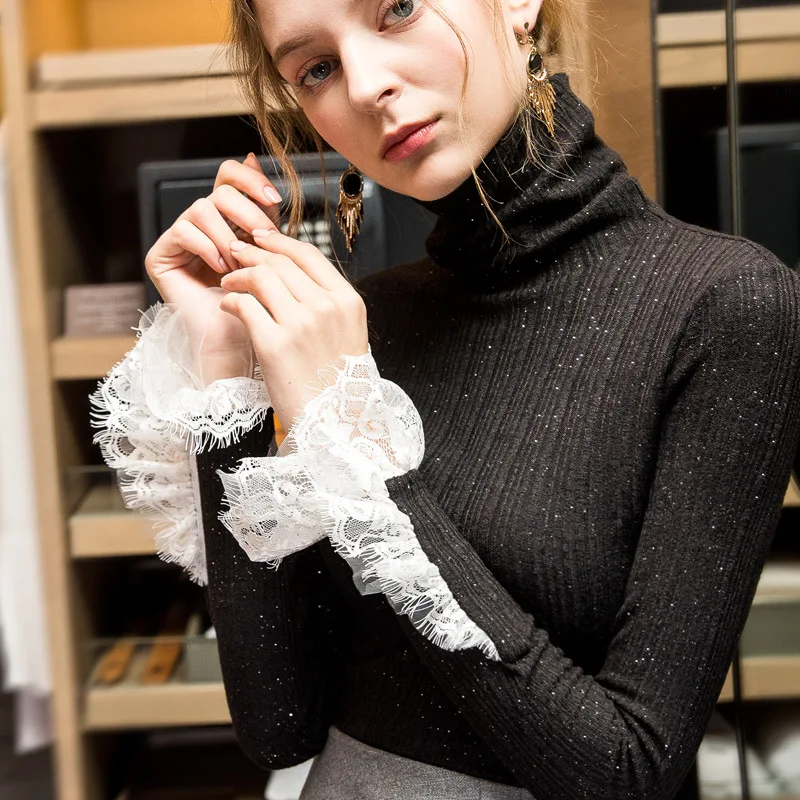 2018 Winter Long Sleeve High Collar Lace Deco Knitted T-shirts Women Fashion Turtleneck Knitted Pullovers Lady Winter Knit Tops
2018 Winter Long Sleeve High Collar Lace Deco Knitted T-shirts Women Fashion Turtleneck Knitted Pullovers Lady Winter Knit Tops