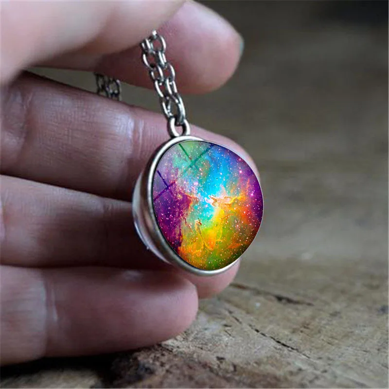 Qevila Hot Fashion Neckalces Cosmic space double-sided glass ball time gemstone Pendant Necklace galaxy nebula for women Jewelry (5)