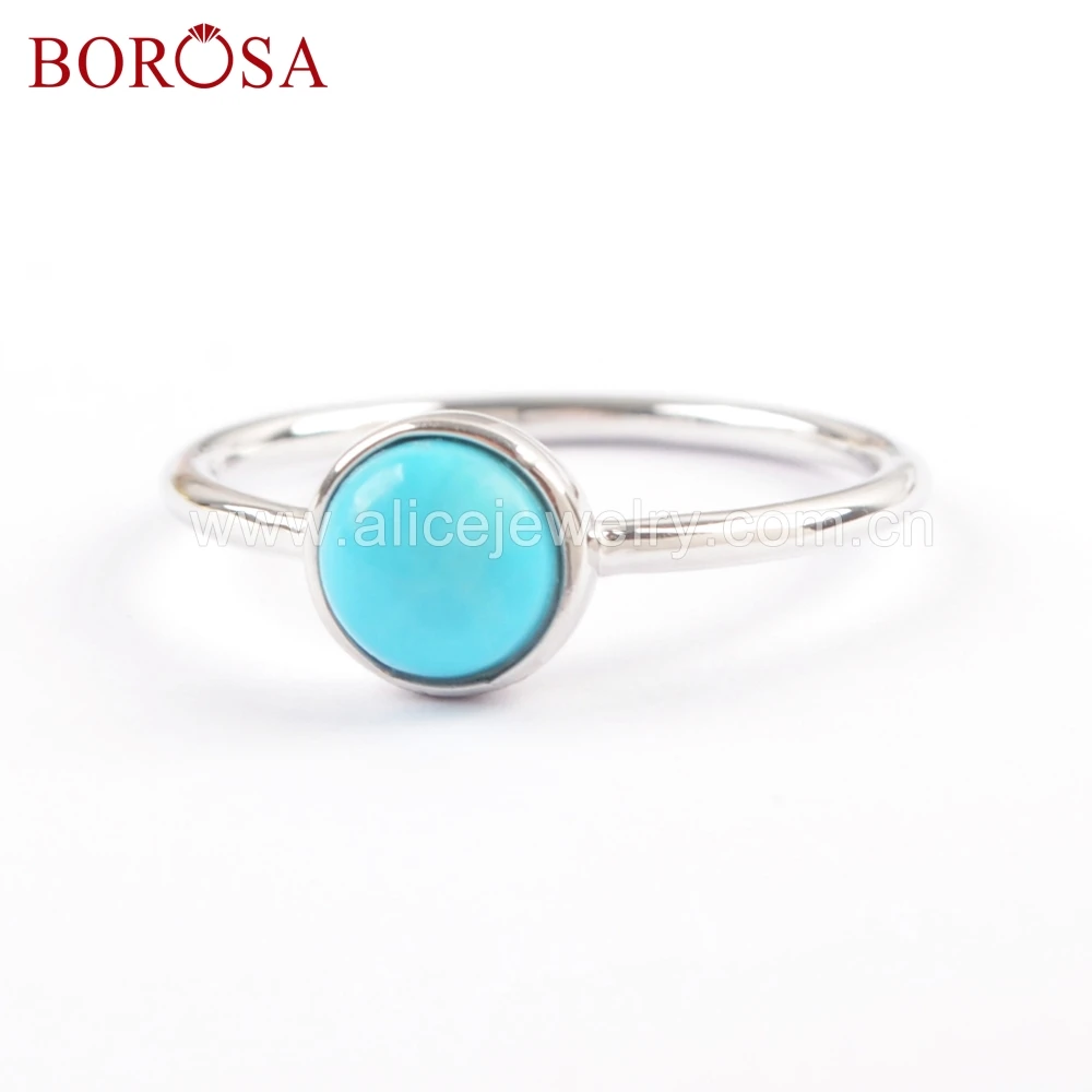 

BOROSA 5PCS Elegant 92.5% Pure Silver Round Shape Natural Turquoises Ring Natural Blue Stone Rings Jewelry for ladies SS199