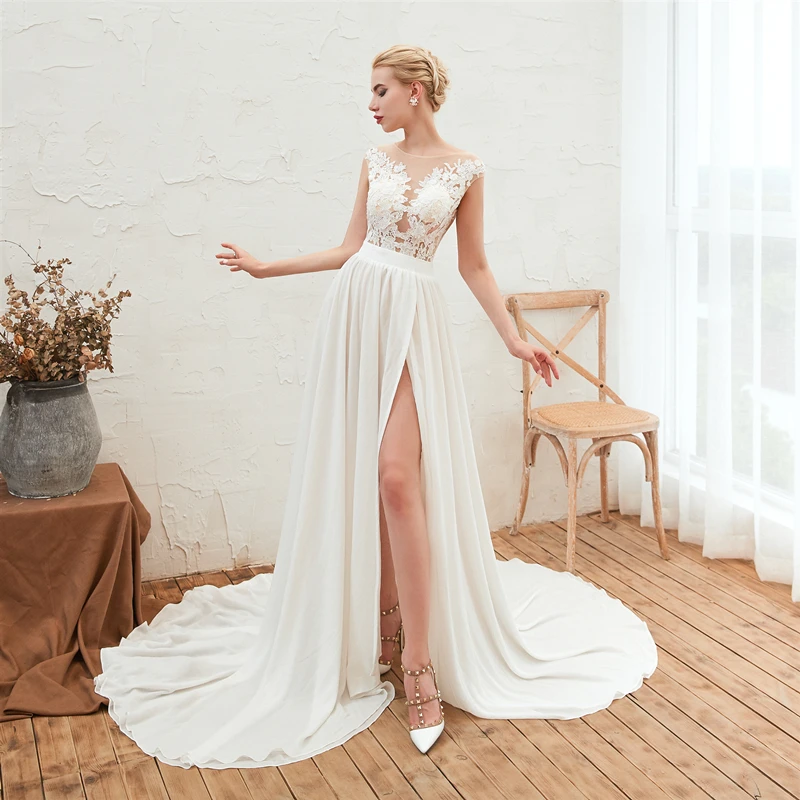 Elegant a line Wedding Dresses 2019 Scoop Sheer Applique Lace Wedding Gown with Slit Chiffon Bridal Dress Long Vestido de Noiva
Elegant a line Wedding Dresses 2019 Scoop Sheer Applique Lace Wedding Gown with Slit Chiffon Bridal Dress Long Vestido de Noiva