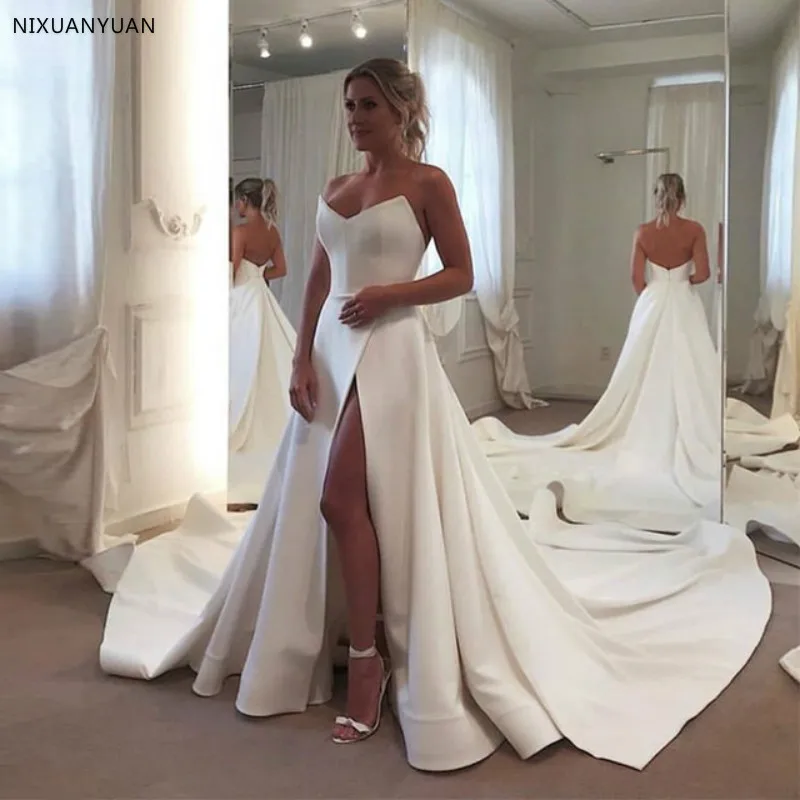 Simple Wild Wedding Dresses White Ivory Satin 2019 Vestido De Novia Sexy Front Split Wedding Gowns with Long Train Custom Made
Simple Wild Wedding Dresses White Ivory Satin 2019 Vestido De Novia Sexy Front Split Wedding Gowns with Long Train Custom Made