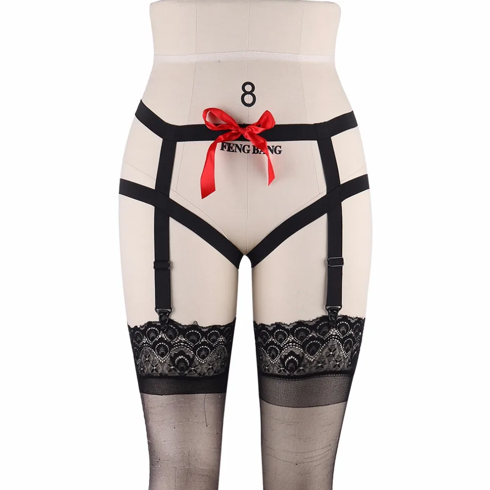 Elastic Black High Waist Garters Belt Red Ribbon Body Bondage Harness Lingerie Gothic Pole Dance Prom Dresses Underwear P0122 | Женская