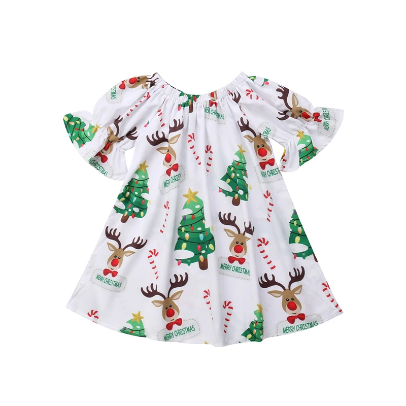 

New Christmas Newborn Baby Girls Xmas Deer Tree Print Dress Summer Party Pageant Dresses Vestidos Clothes