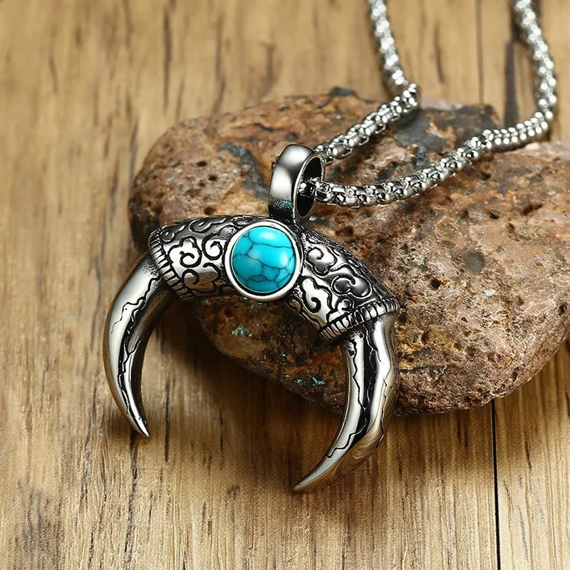 Men's Vintage Tribal Double Horn Blue Cracked Stone Inlay Pendant Necklace Stainless Steel Crescent Unisex Jewelry 24 inch
Men's Vintage Tribal Double Horn Blue Cracked Stone Inlay Pendant Necklace Stainless Steel Crescent Unisex Jewelry 24 inch