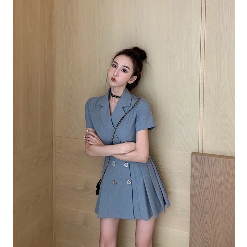 Summer 2019 new small suit jacket short sleeve suit collar double-breasted waist Pleated Dress for women
Summer 2019 new small suit jacket short sleeve suit collar double-breasted waist Pleated Dress for women