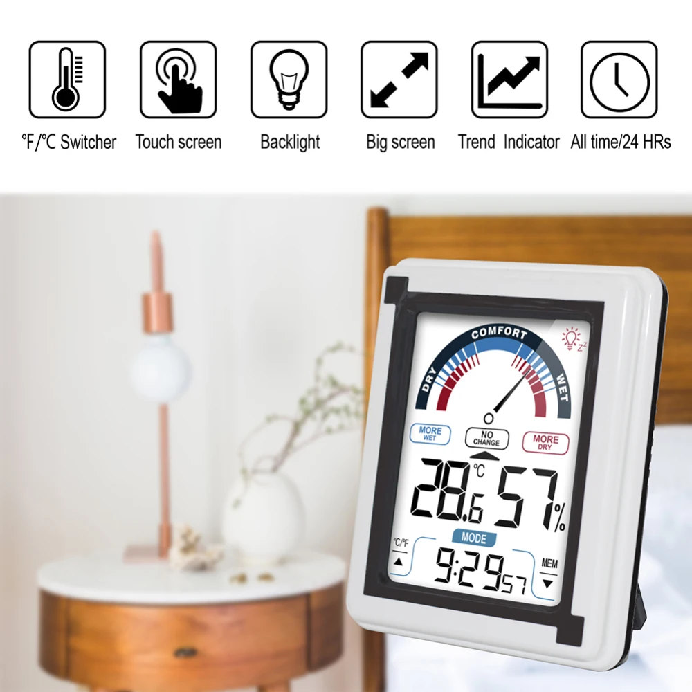 Digital Hygrometer Indoor Outdoor Thermometer Wireless Temperature Humidity Monitor with Touchscreen Backlight
Digital Hygrometer Indoor Outdoor Thermometer Wireless Temperature Humidity Monitor with Touchscreen Backlight