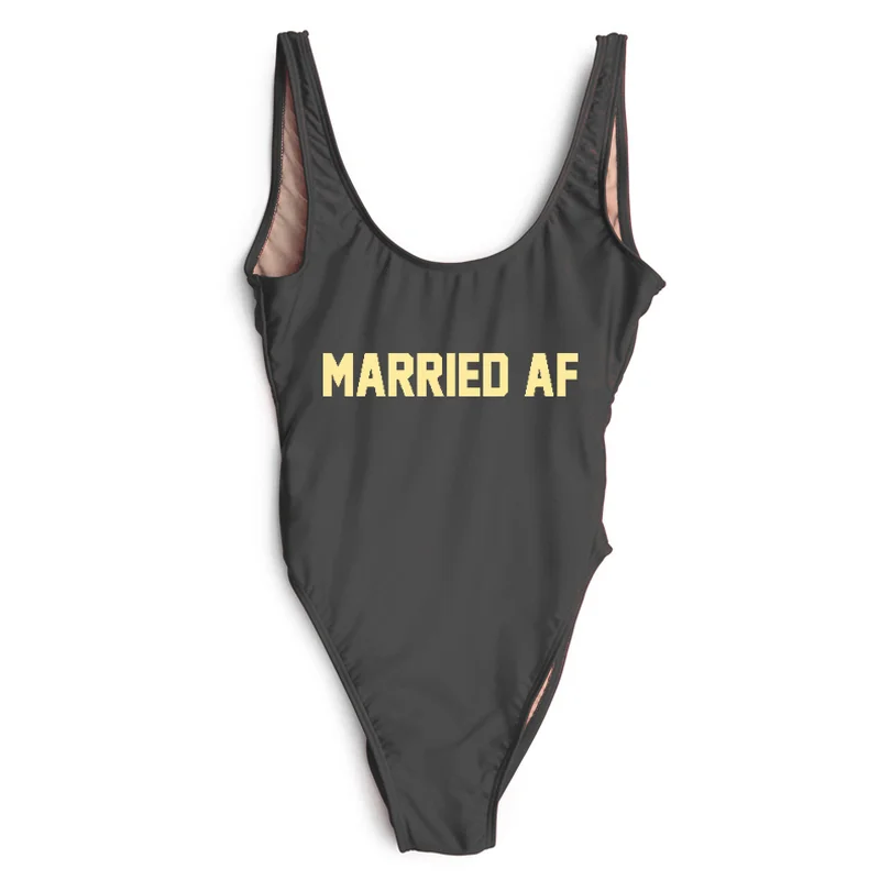 One Piece Swimsuit Swimwear Women MARRIED AF Letter Print Bathing Suit High Cut Monokini Beachwear Sexy Bodysuit Girls Swim | Спорт и