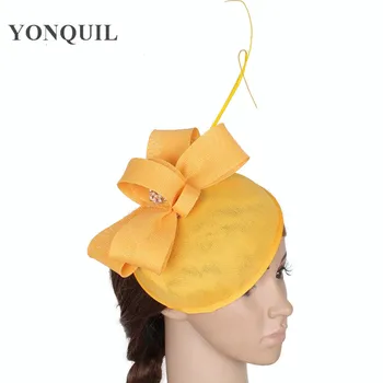 

15 colors yellow nice imitation sinamay base fascinator hat with feather for wedding high quality derby headpieces race headwear