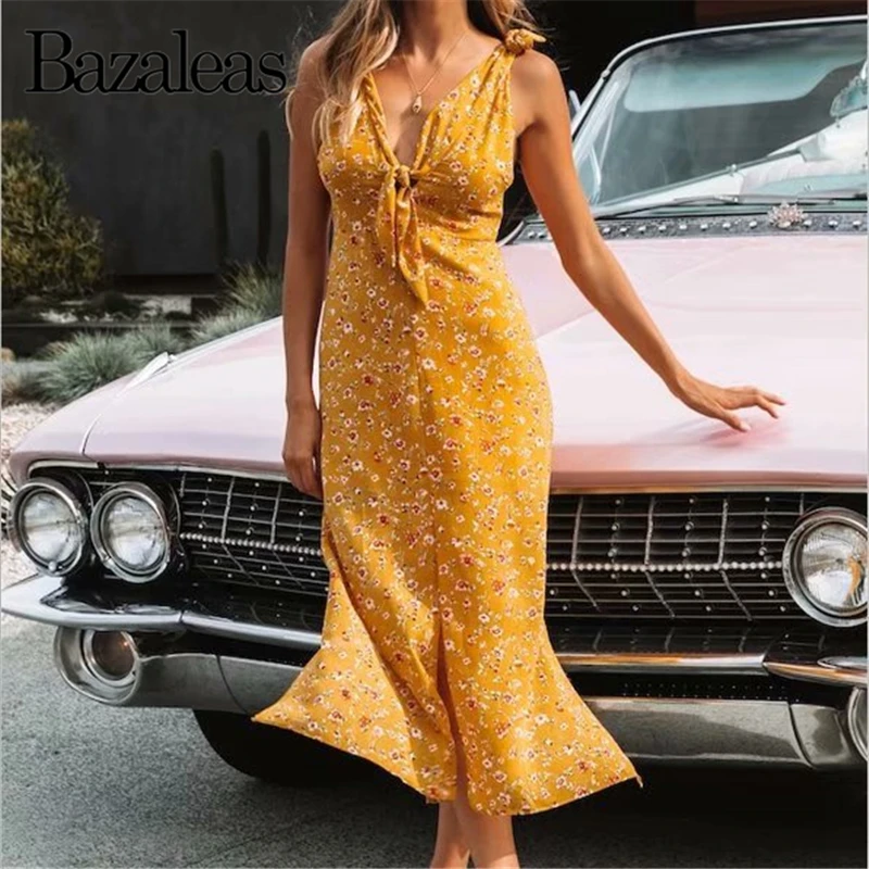 Backless Holiday Yellow Floral Print Split vestido Bow spaghetti straps Midi Dress Fashion Center Buttons Summer Dress Drop ship
Backless Holiday Yellow Floral Print Split vestido Bow spaghetti straps Midi Dress Fashion Center Buttons Summer Dress Drop ship
