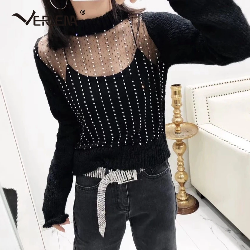 Back Mesh with Shining Rhinestone Sexy Black Jumper Sweater Women Long Sleeve Streetwear Korean Novelty Pullover VERLENA 2019
Back Mesh with Shining Rhinestone Sexy Black Jumper Sweater Women Long Sleeve Streetwear Korean Novelty Pullover VERLENA 2019