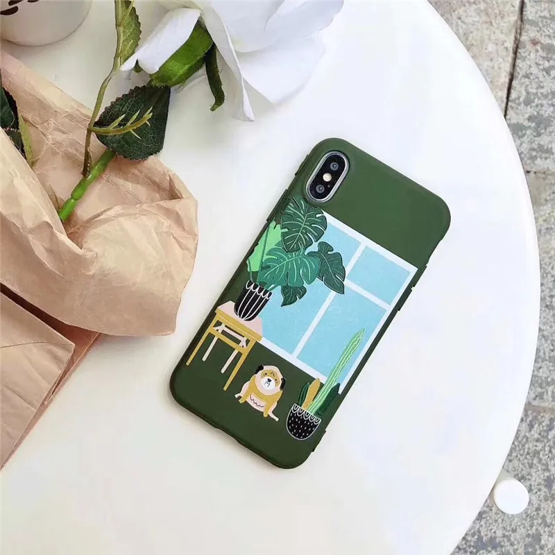 LUDI Cute Cartoon Dog Cactus Phone Case for iPhone 7 7Plus Simple Letters Green Leaves Soft Phone Bags for iPhone X 6 6S 8 Plus 02