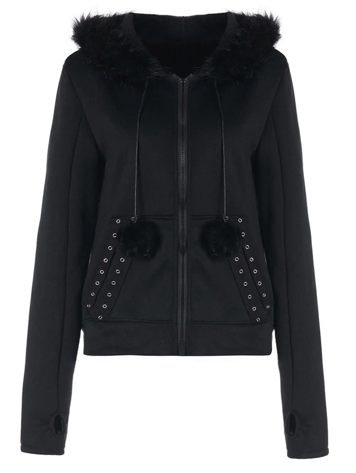 Joineles Faux Fur Insert Hooded Pendant Lace Up Zipper Hoodies Criss Cross Black Color Coat Autumn Winter Thick Outwear Jackets
Joineles Faux Fur Insert Hooded Pendant Lace Up Zipper Hoodies Criss Cross Black Color Coat Autumn Winter Thick Outwear Jackets