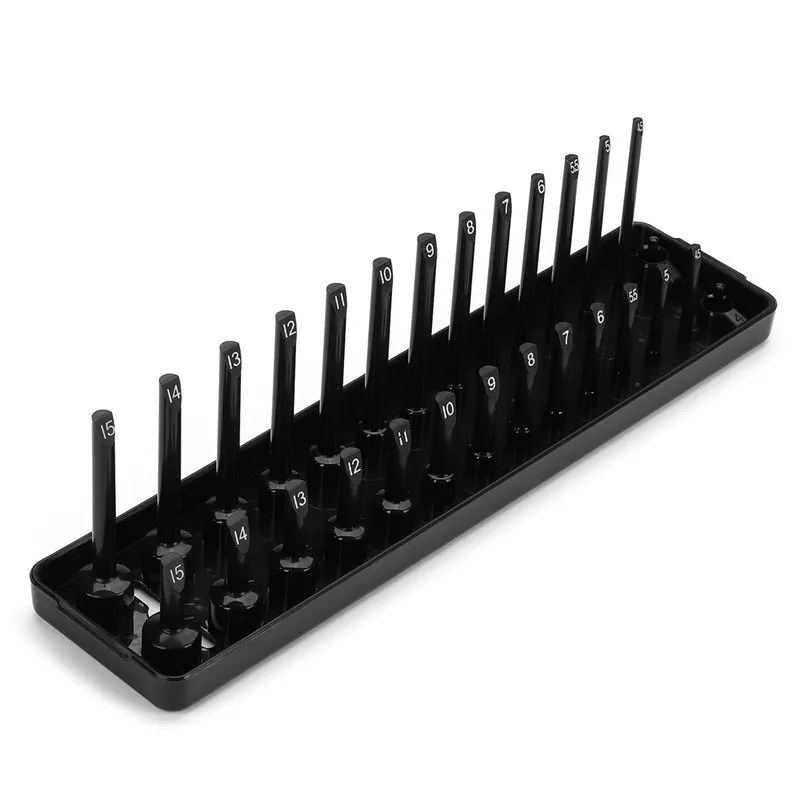 Socket Organizer Plastic 1/4 in Drive Metric Deep Standard 28 Sockets Total Black Molded Plastic Tray with Stubs for Metric Deep
Socket Organizer Plastic 1/4 in Drive Metric Deep Standard 28 Sockets Total Black Molded Plastic Tray with Stubs for Metric Deep