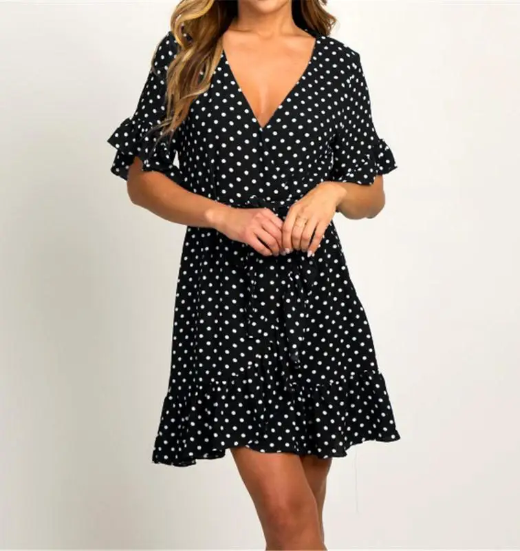 Summer women dress V Neck ruffles Short Sleeve Beach Chiffon Dress Casual Dot Dress With Belt Plus Size sexy dress vestidos 
Summer women dress V Neck ruffles Short Sleeve Beach Chiffon Dress Casual Dot Dress With Belt Plus Size sexy dress vestidos