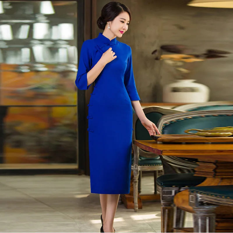2018 Modern Cheongsam Blue Qipao Dress Chinese Traditional Dresses Style Chinois Femme Robe Orientale Collars
2018 Modern Cheongsam Blue Qipao Dress Chinese Traditional Dresses Style Chinois Femme Robe Orientale Collars